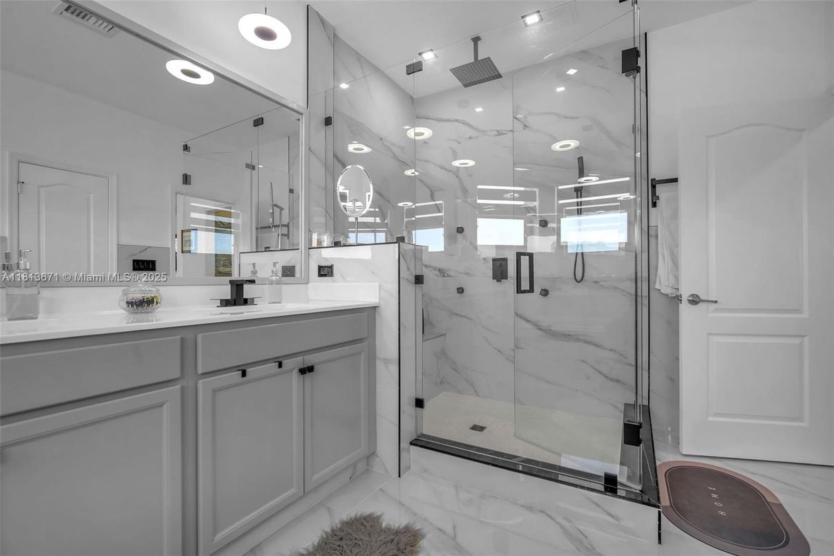 Bathroom, Glass Shower, Interior, Marble, Marble Walls, Recessed Lighting