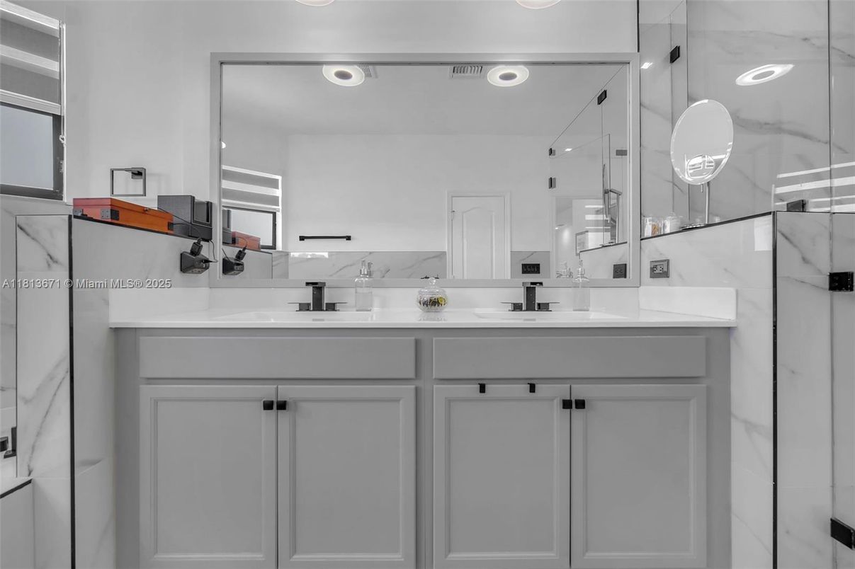 Bathroom, Dual Sink Vanities, Glass Shower, Interior, Recessed Lighting