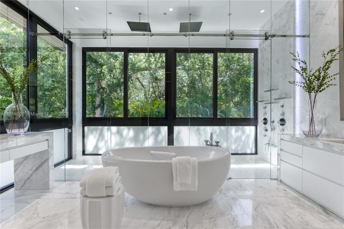 Bathroom, Free Standing Baths, Glass Shower, Interior, Marble, Marble Walls, Recessed Lighting