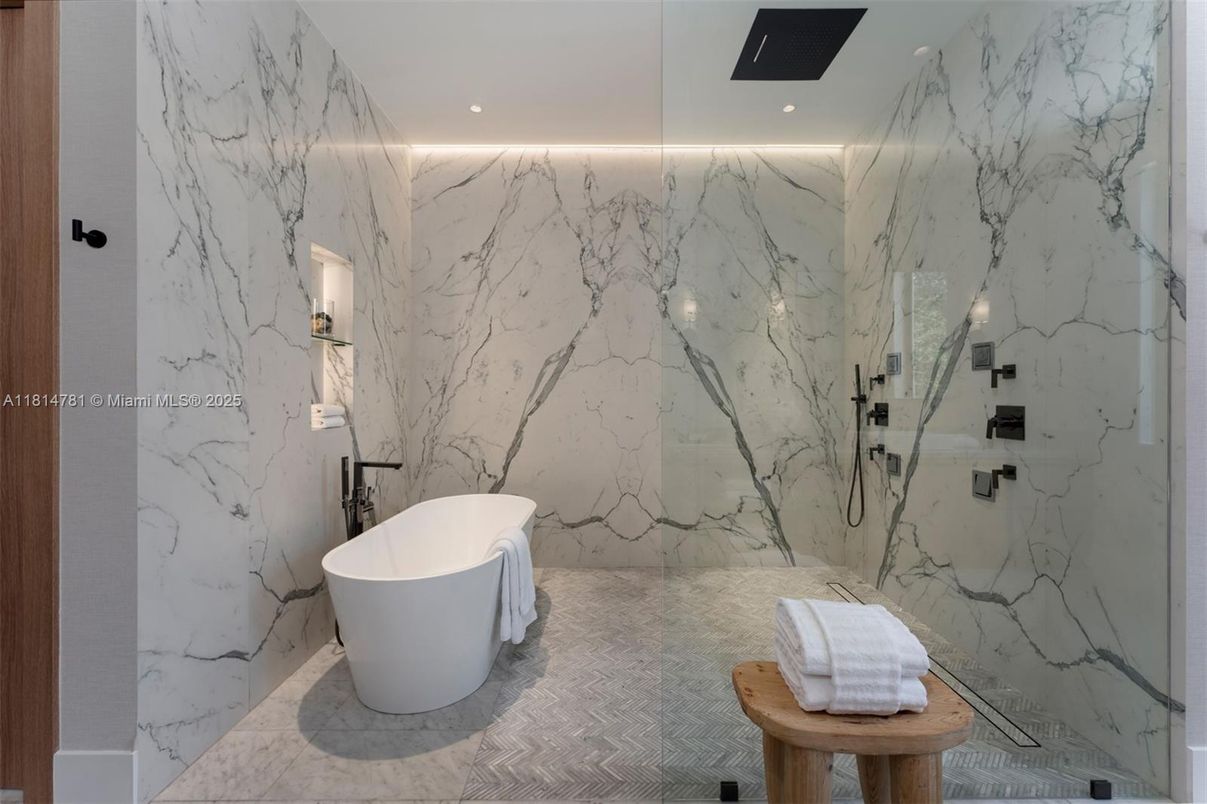 Bathroom, Free Standing Baths, Glass Shower, Interior, Marble, Marble Walls, Recessed Lighting