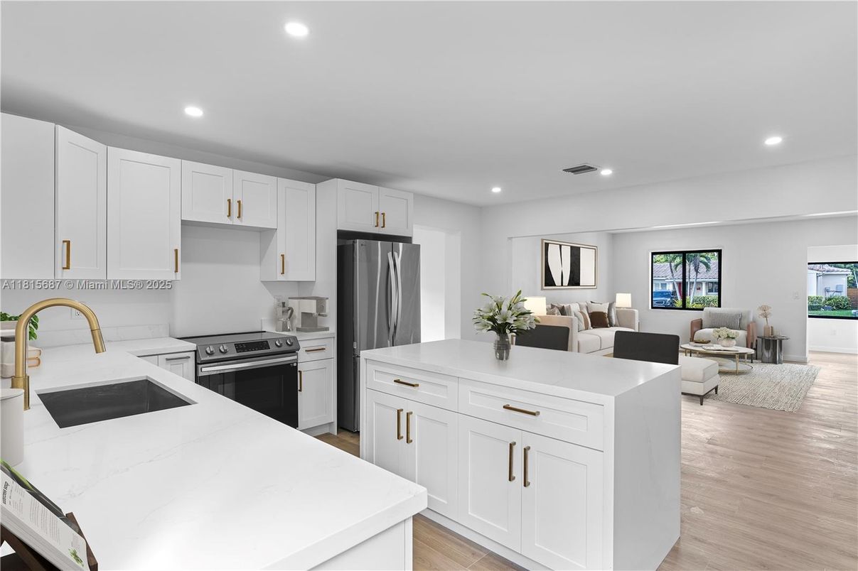 Interior, Kitchen, Living room, Recessed Lighting, Stainless Steel Appliances, Wood Texture Flooring