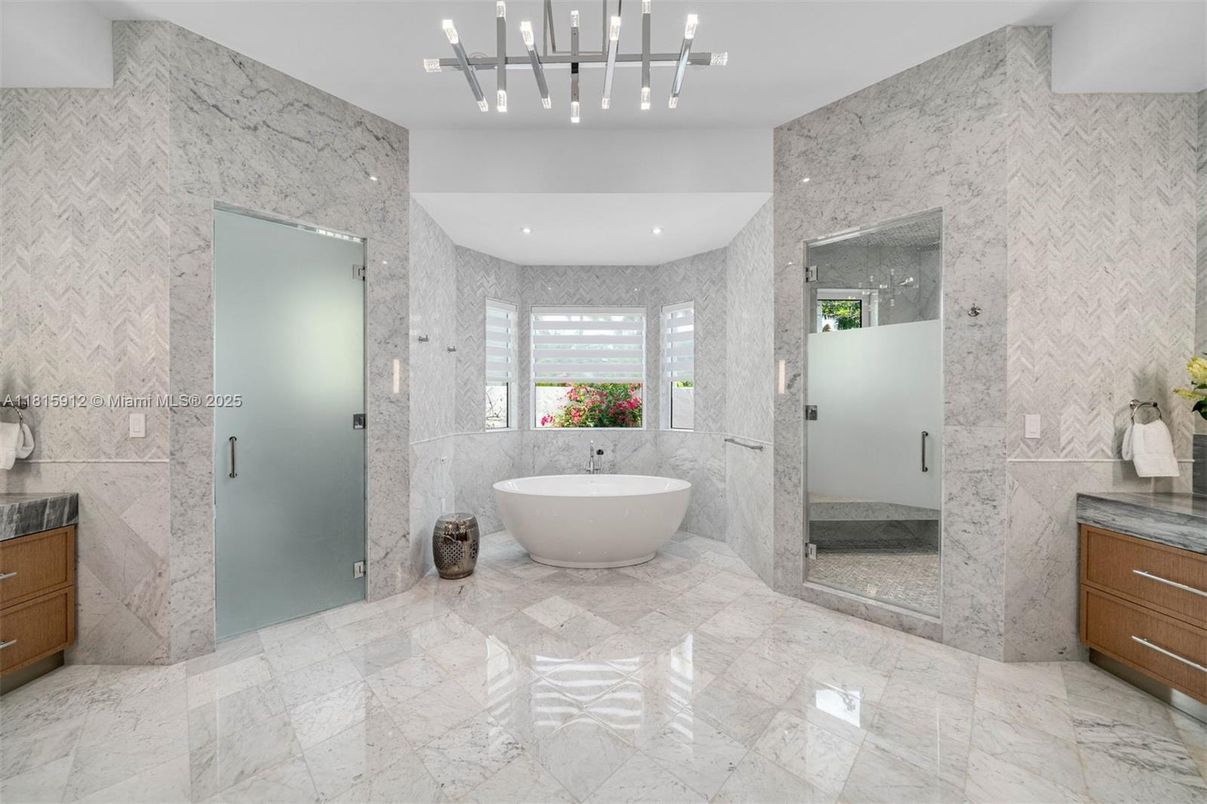 Bathroom, Free Standing Baths, Glass Shower, Interior, Marble, Marble Walls, Recessed Lighting
