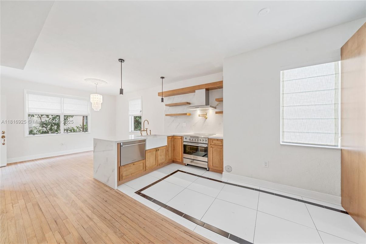 Interior, Kitchen, Pendant Lights, Stainless Steel Appliances, Wood Texture Flooring