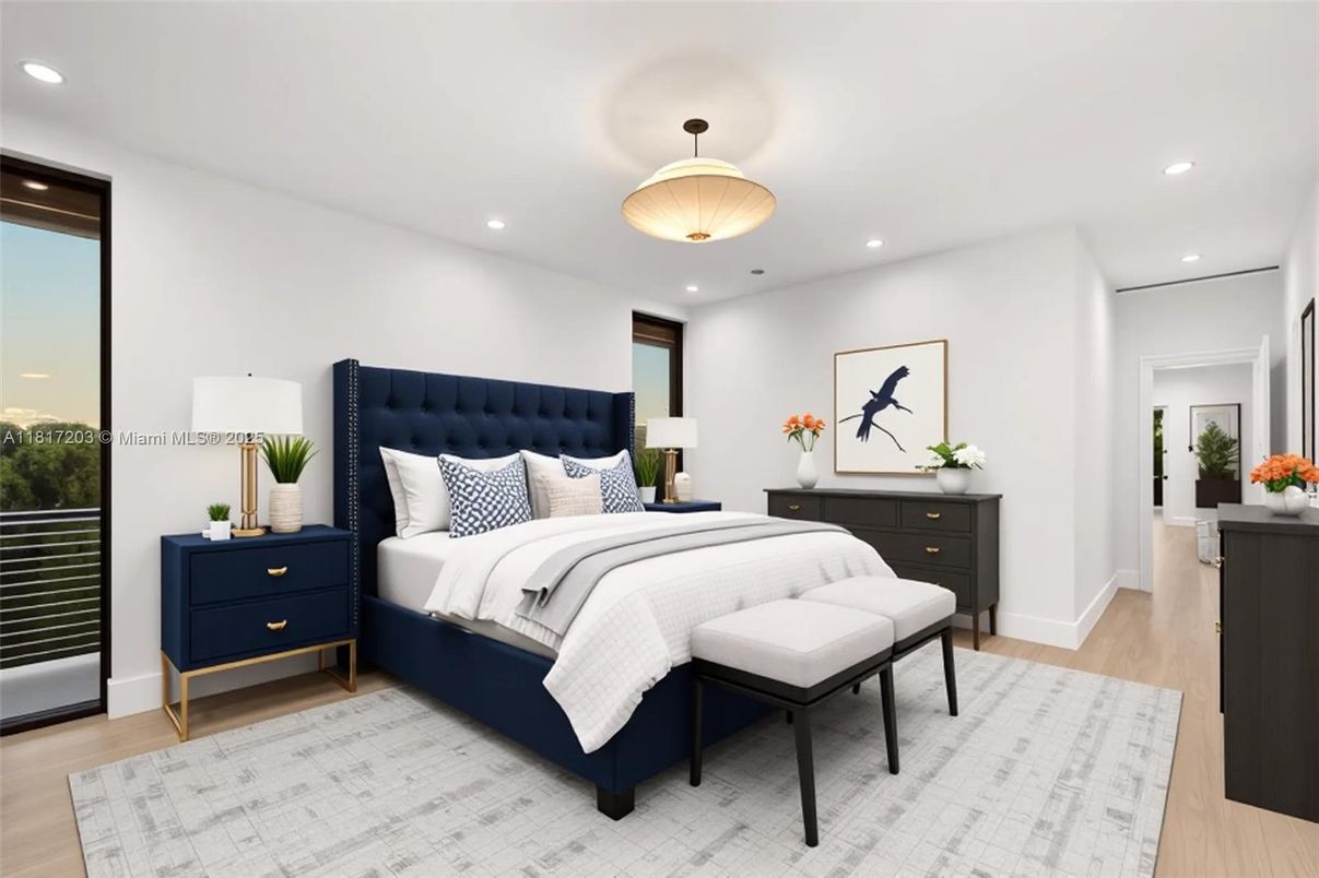 Bedroom, Interior, Pendant Lights, Recessed Lighting, Wood Texture Flooring