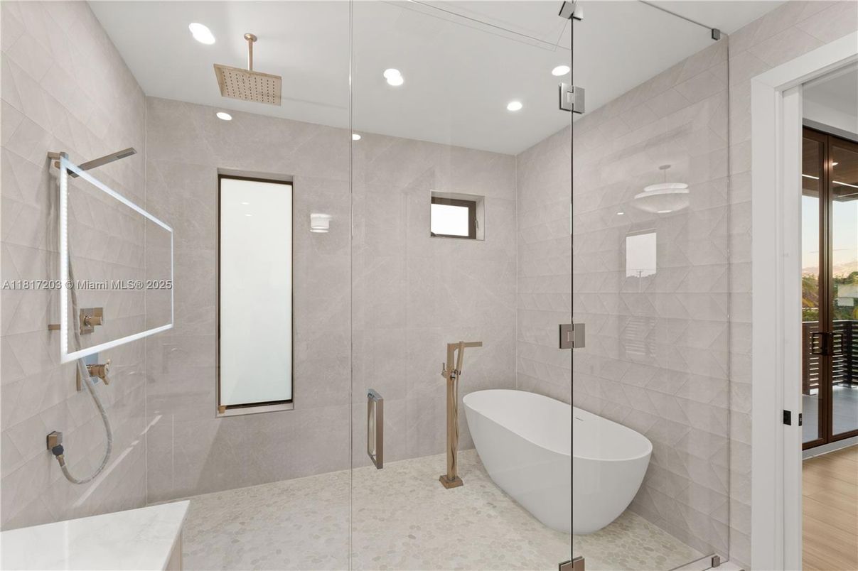 Bathroom, Free Standing Baths, Glass Shower, Interior, Recessed Lighting