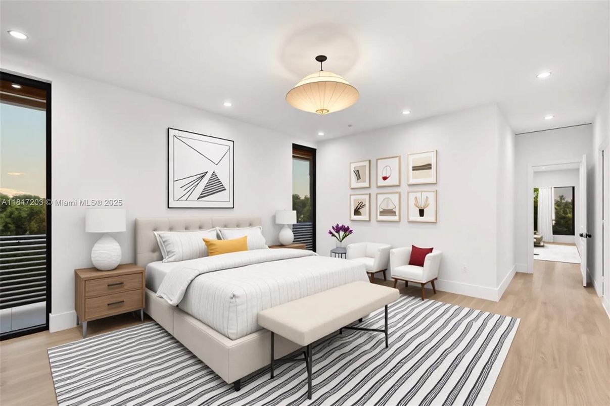 Bedroom, Interior, Pendant Lights, Recessed Lighting, Wood Texture Flooring