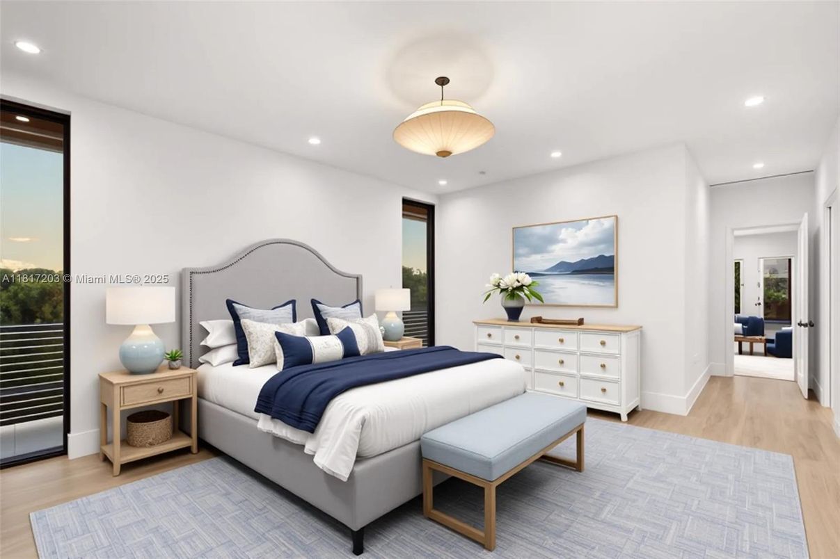 Bedroom, Interior, Pendant Lights, Recessed Lighting, Wood Texture Flooring