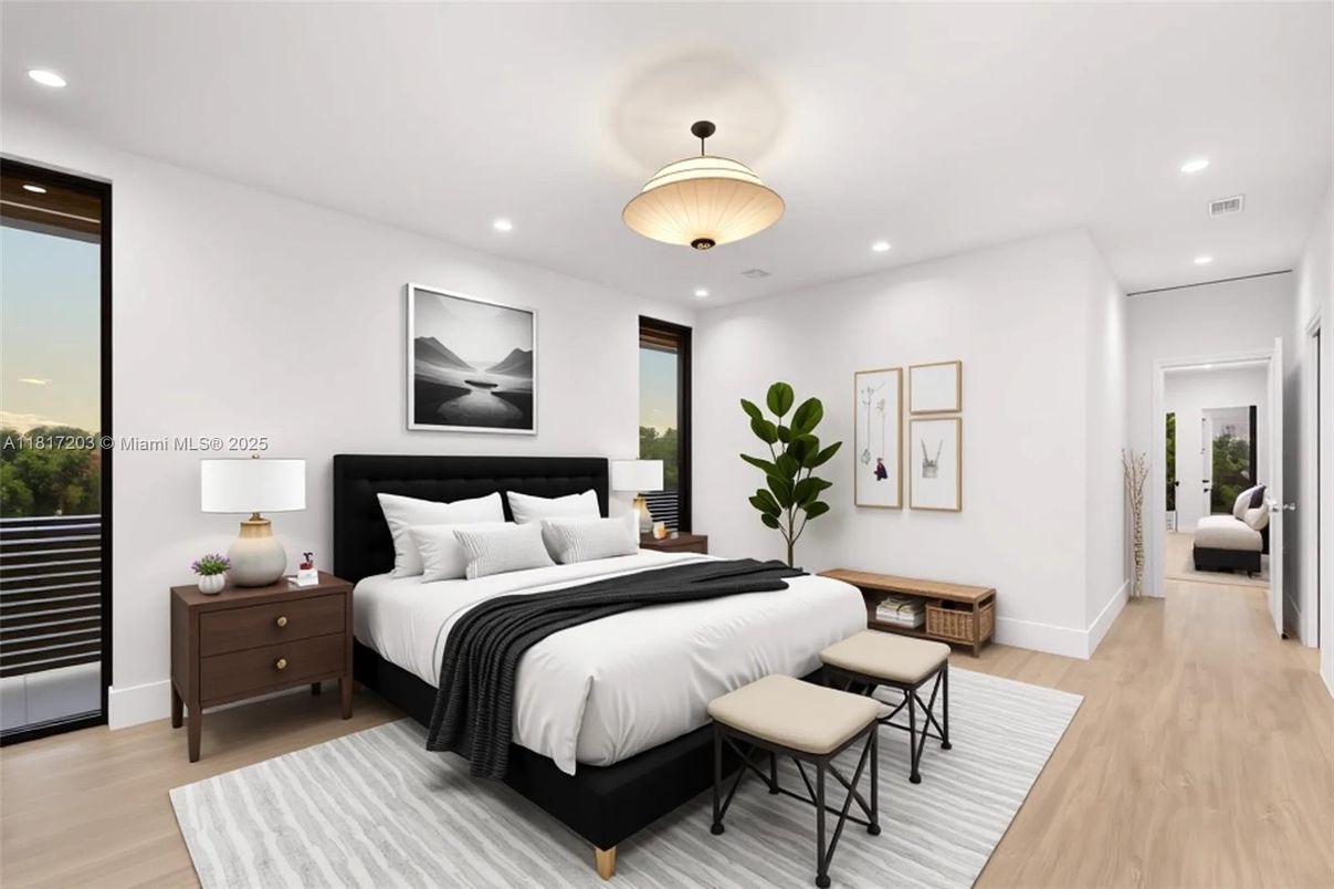 Bedroom, Interior, Recessed Lighting, Wood Texture Flooring