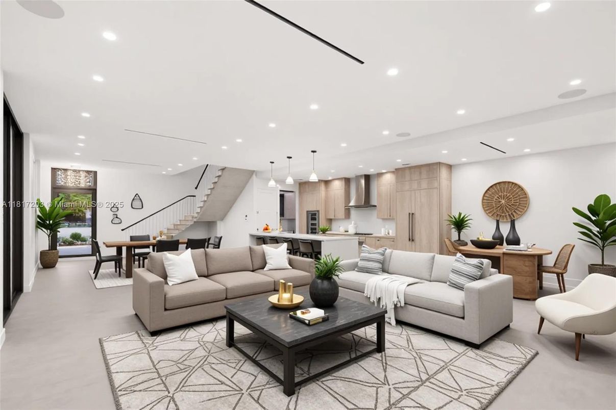 Dining room, Interior, Kitchen, Living room, Pendant Lights, Recessed Lighting, Stainless Steel Appliances
