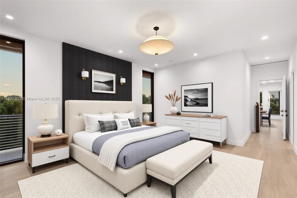 Bedroom, Interior, Pendant Lights, Recessed Lighting, Wood Texture Flooring