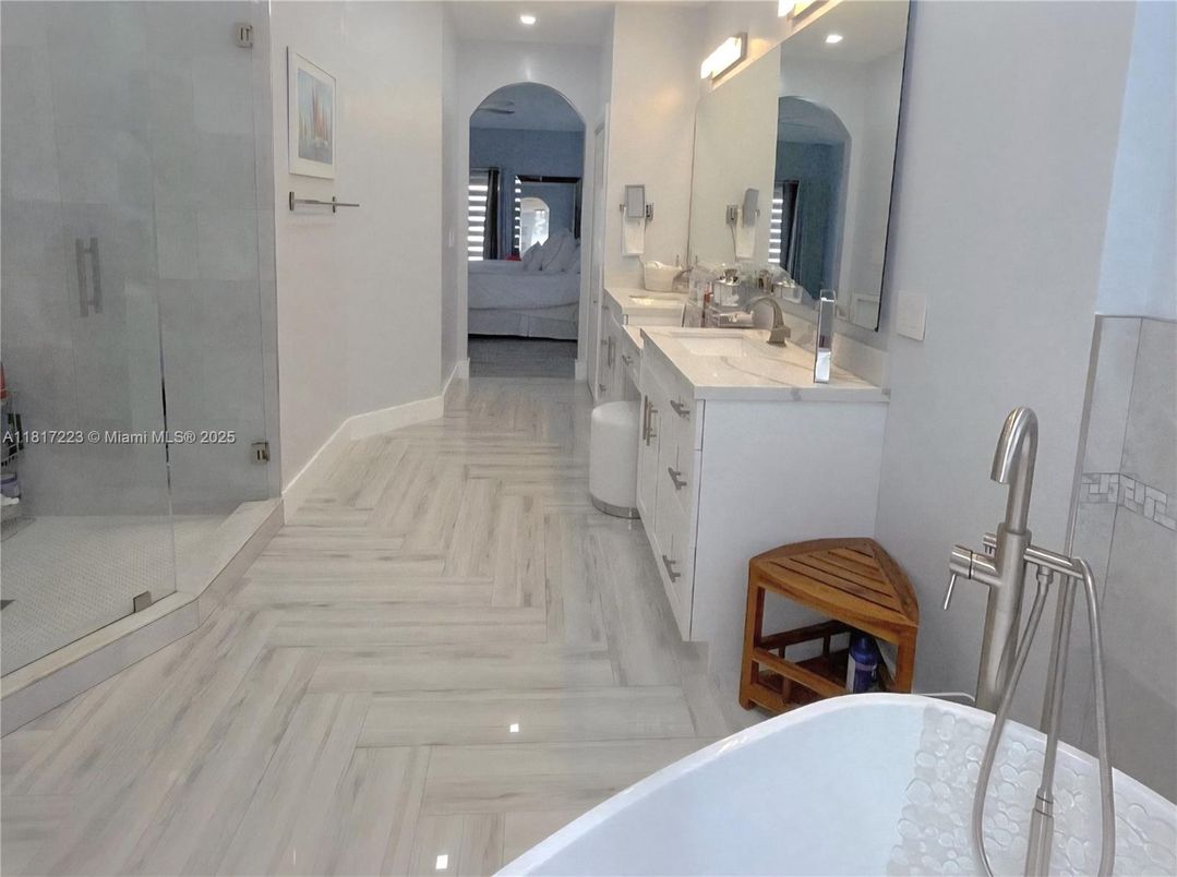 Bathroom, Dual Sink Vanities, Glass Shower, Interior, Marble, Recessed Lighting
