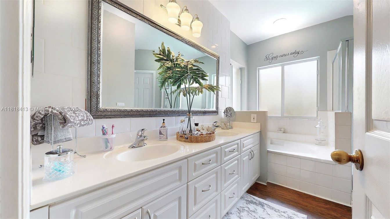Bathroom, Dual Sink Vanities, Interior, Marble, Wood Texture Flooring