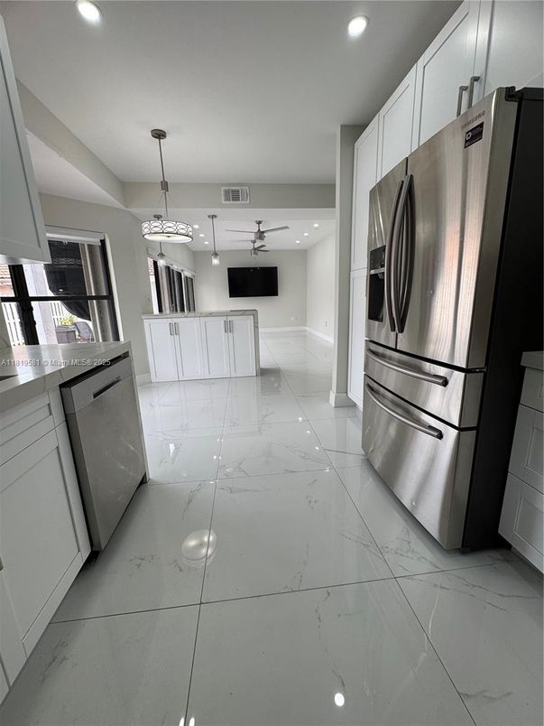 Interior, Kitchen, Marble, Pendant Lights, Recessed Lighting, Stainless Steel Appliances