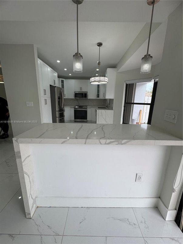 Interior, Kitchen, Marble, Pendant Lights, Recessed Lighting