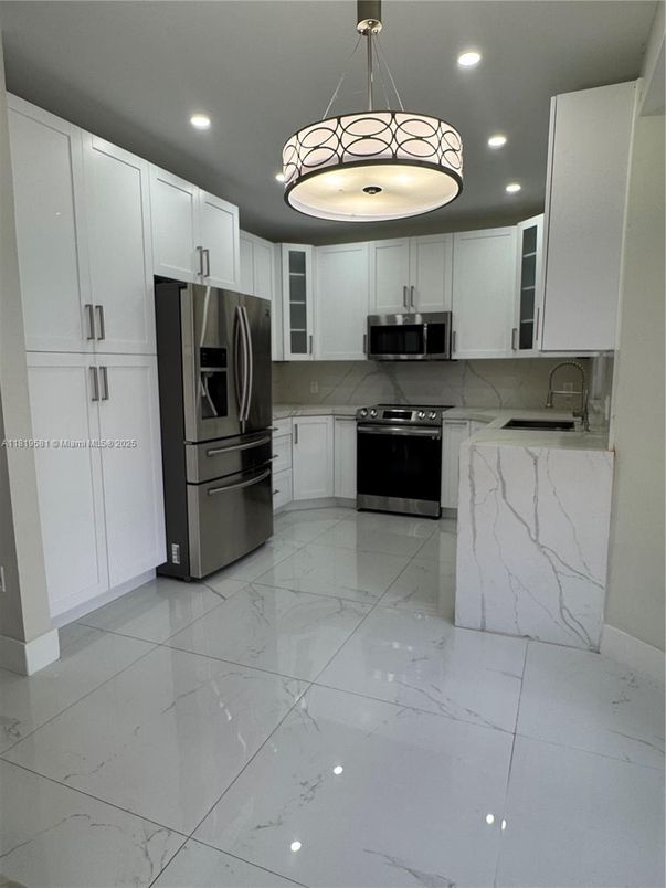 Interior, Kitchen, Marble, Pendant Lights, Recessed Lighting, Stainless Steel Appliances