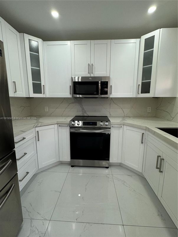 Interior, Kitchen, Marble, Recessed Lighting, Stainless Steel Appliances