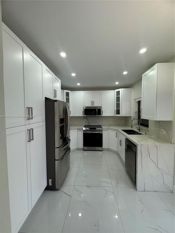 Interior, Kitchen, Marble, Recessed Lighting, Stainless Steel Appliances