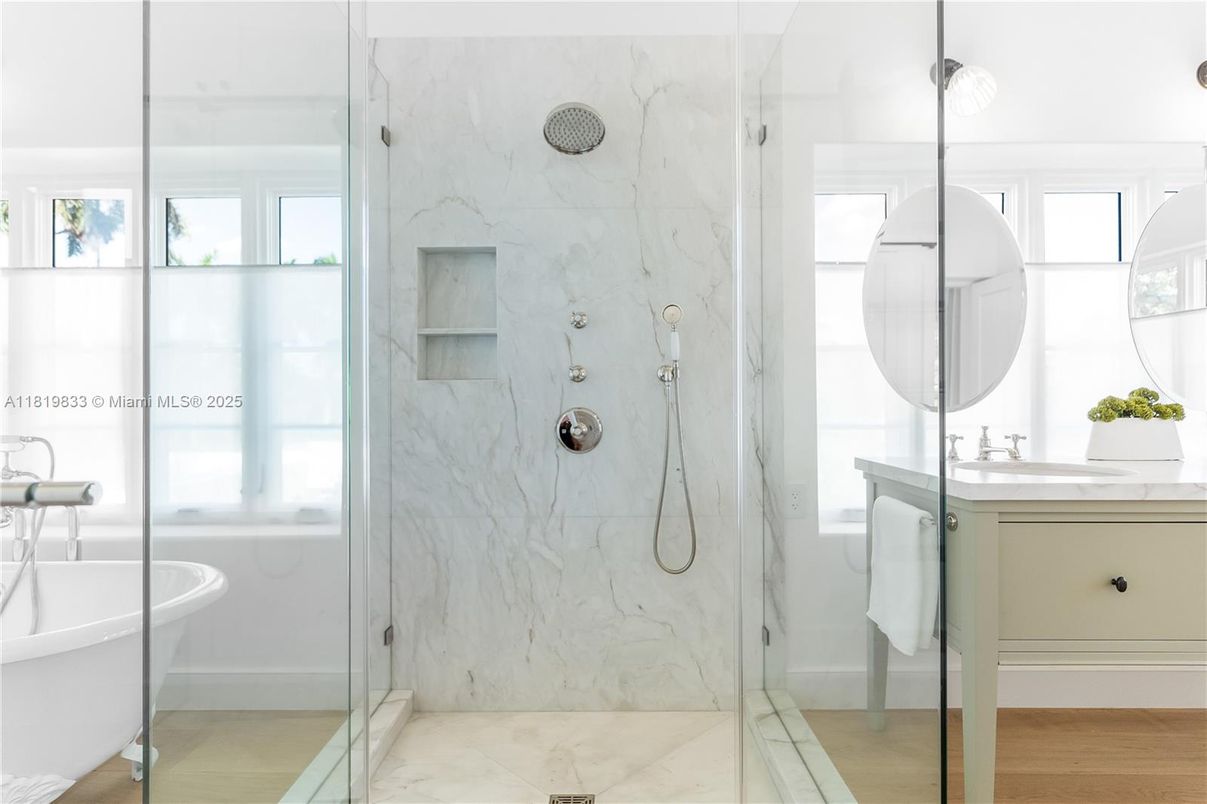 Bathroom, Glass Shower, Interior, Marble Walls, Wood Texture Flooring