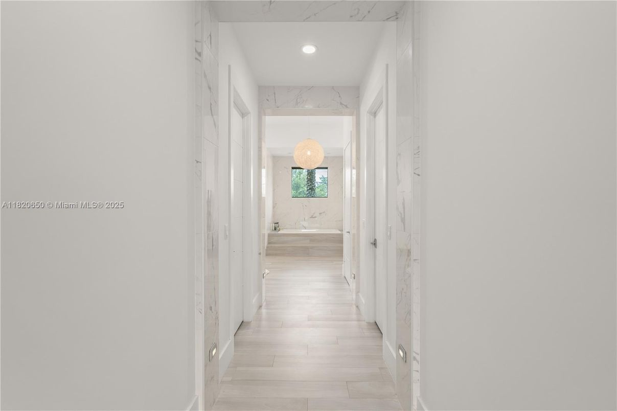 Interior, Marble Walls, Recessed Lighting, Wood Texture Flooring