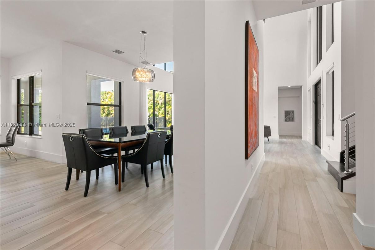 Dining room, Interior, Pendant Lights, Wood Texture Flooring
