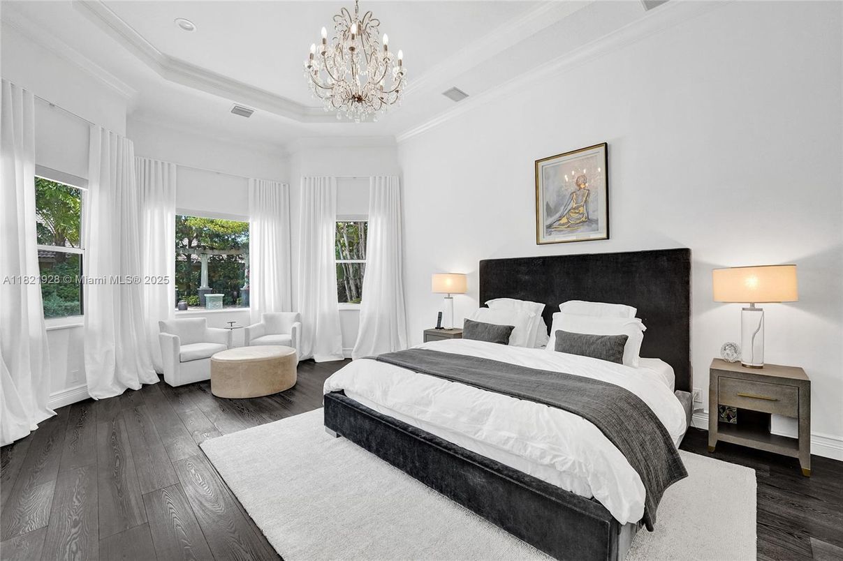 Bedroom, Chandelier, Interior, Recessed Lighting, Wood Texture Flooring