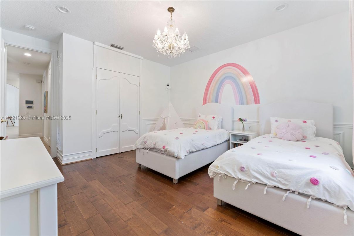 Bedroom, Chandelier, Interior, Recessed Lighting, Wood Texture Flooring
