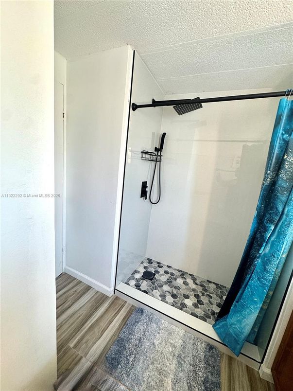 Bathroom, Glass Shower, Interior, Wood Texture Flooring