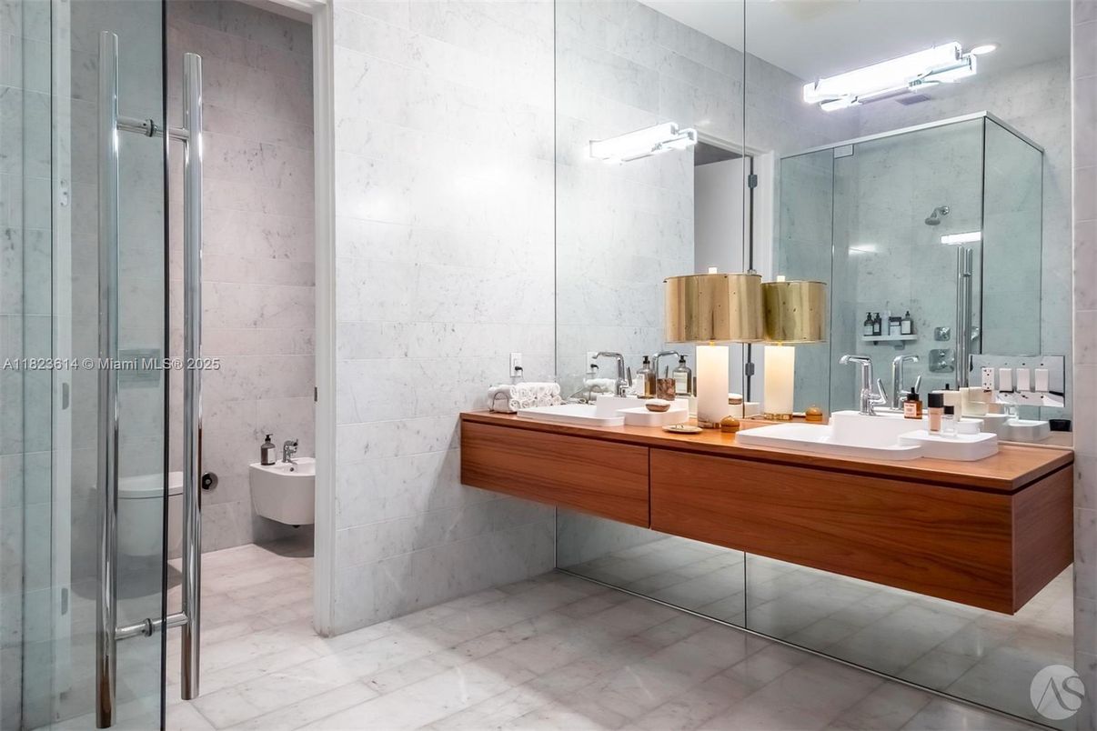 Bathroom, Dual Sink Vanities, Glass Shower, Interior, Marble, Marble Walls