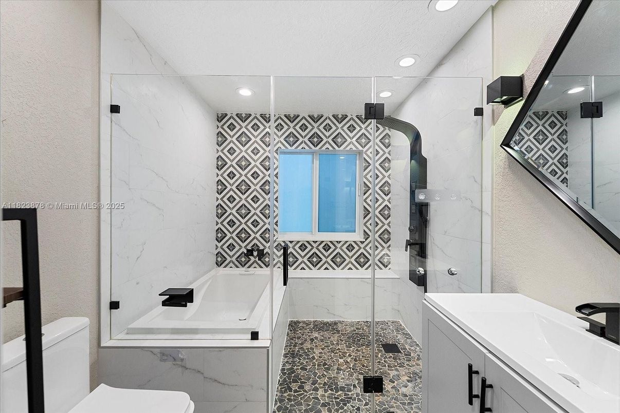 Bathroom, Glass Shower, Interior, Marble Walls, Recessed Lighting