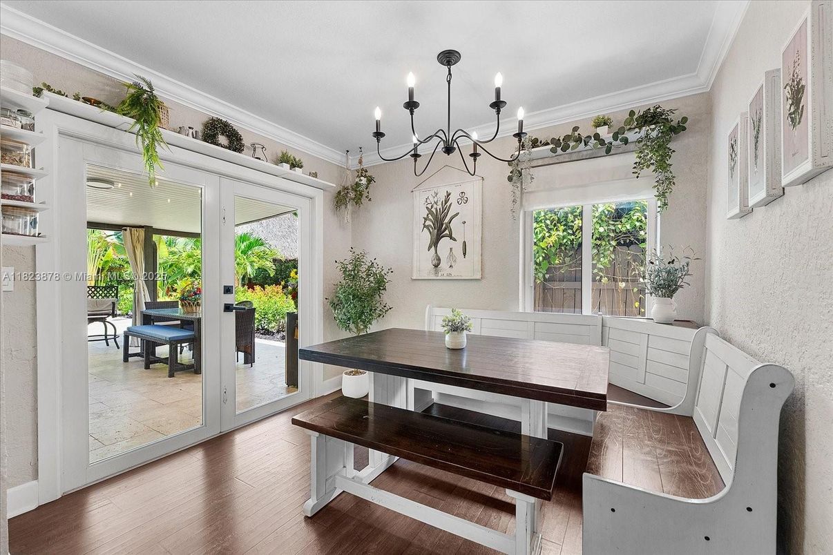 Chandelier, Dining room, Interior, Wood Texture Flooring