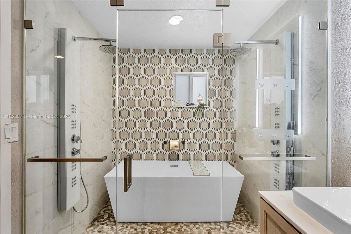 Bathroom, Free Standing Baths, Glass Shower, Interior, Marble Walls, Recessed Lighting