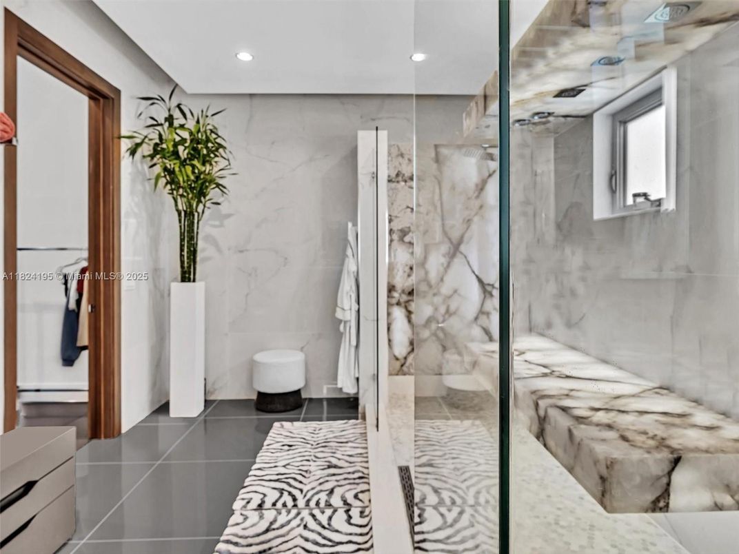 Bathroom, Glass Shower, Interior, Marble Walls, Recessed Lighting