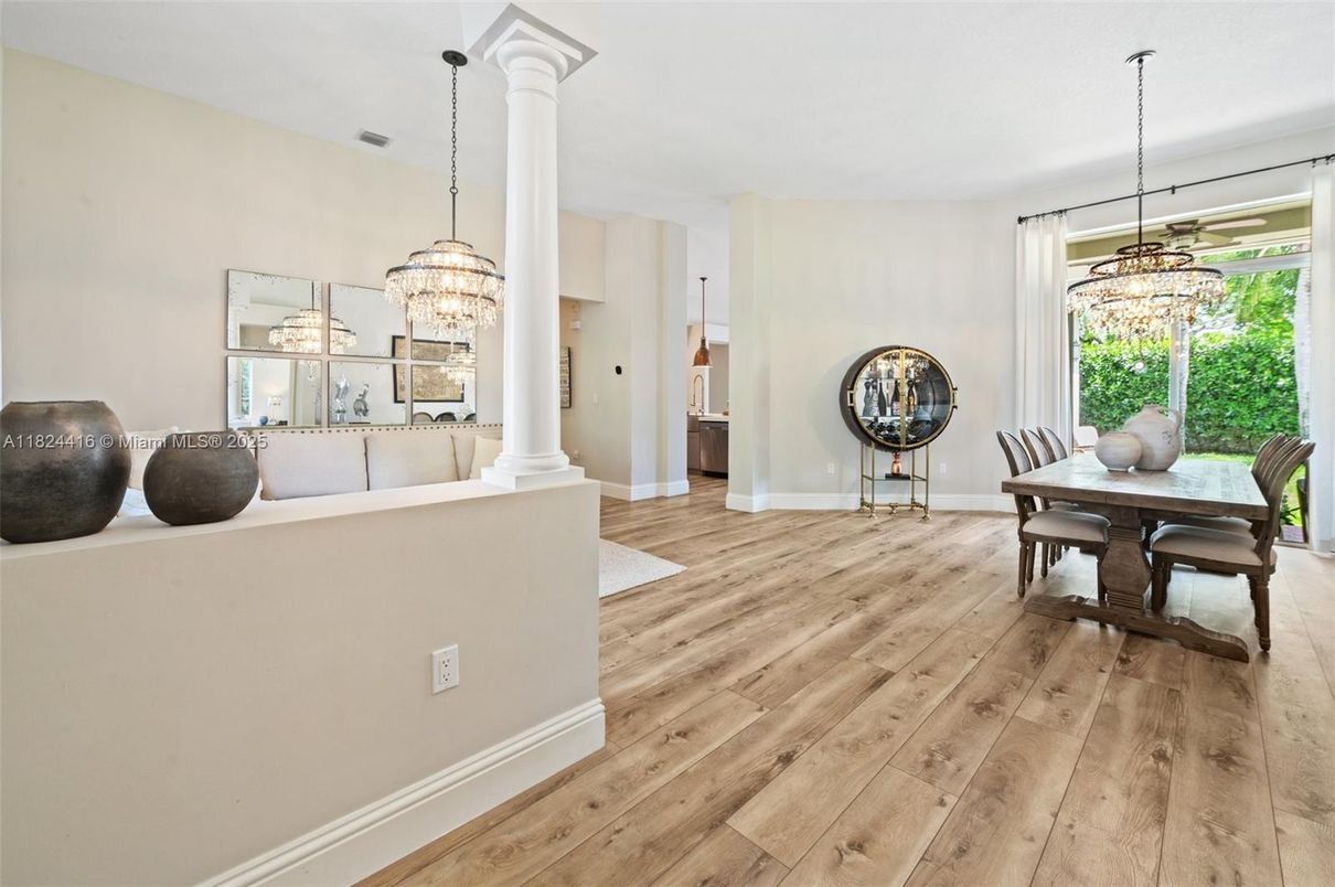 Chandelier, Dining room, Interior, Pendant Lights, Wood Texture Flooring