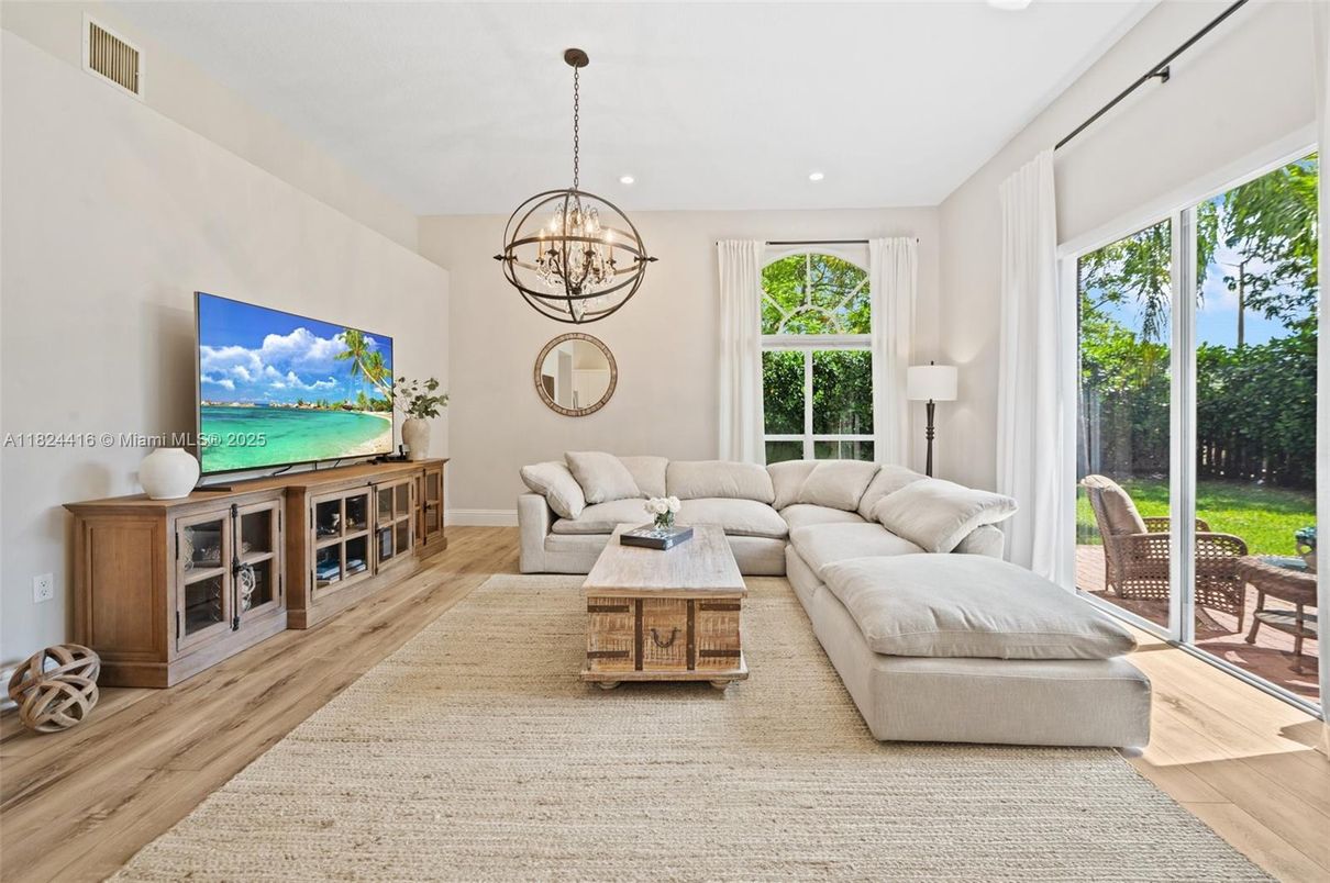 Chandelier, Interior, Living room, Recessed Lighting, Wood Texture Flooring