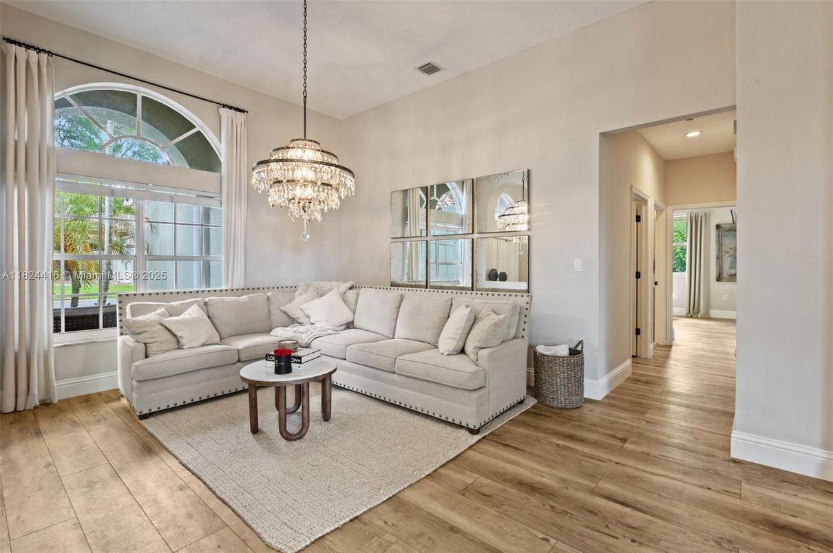 Chandelier, Interior, Living room, Recessed Lighting, Wood Texture Flooring