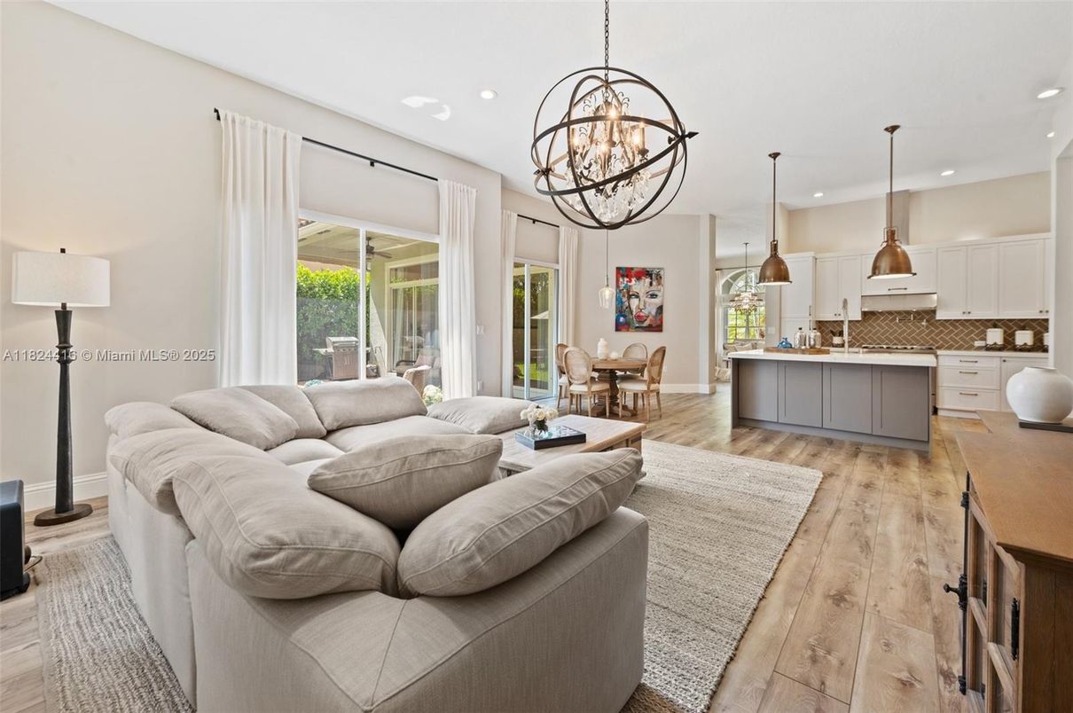 Chandelier, Dining room, Interior, Kitchen, Living room, Pendant Lights, Recessed Lighting, Wood Texture Flooring