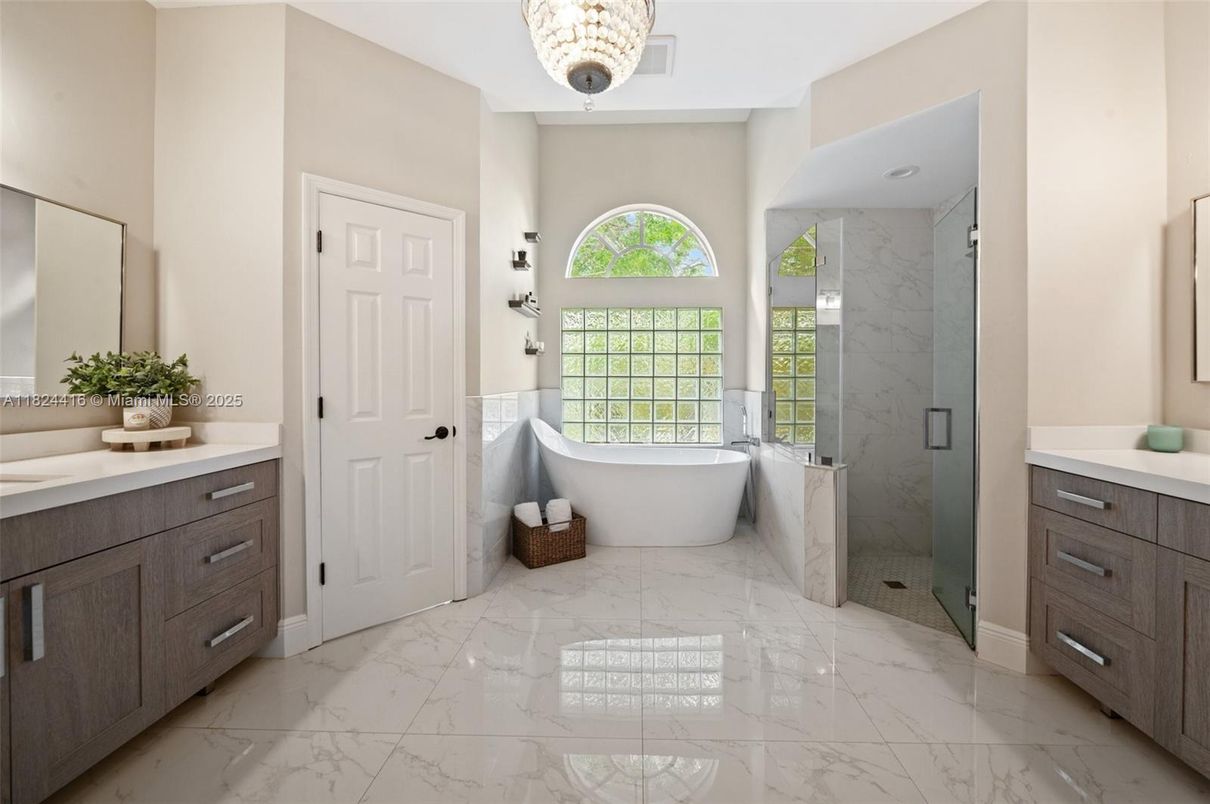 Bathroom, Free Standing Baths, Glass Shower, Interior, Marble, Marble Walls