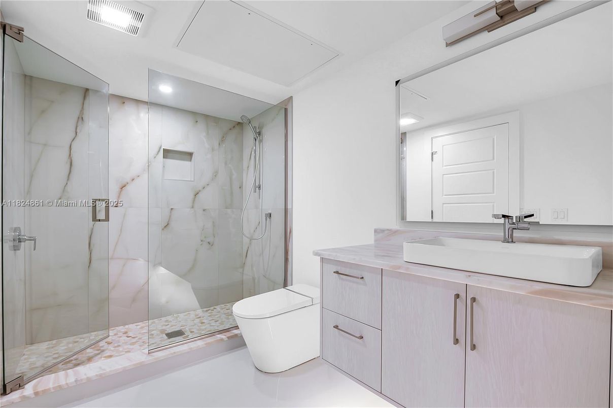 Bathroom, Glass Shower, Interior, Marble Walls, Recessed Lighting