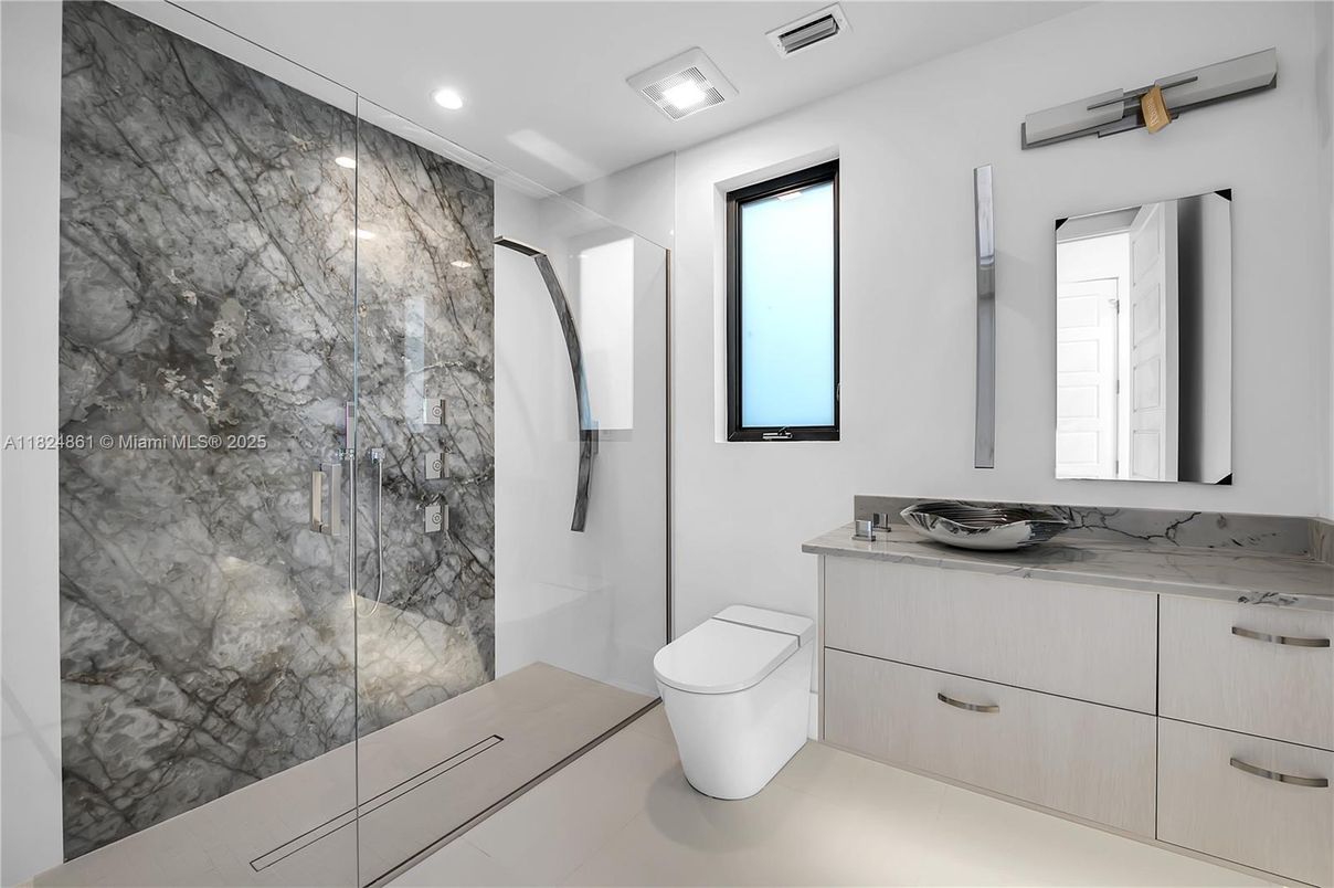 Bathroom, Glass Shower, Interior, Marble Walls, Recessed Lighting