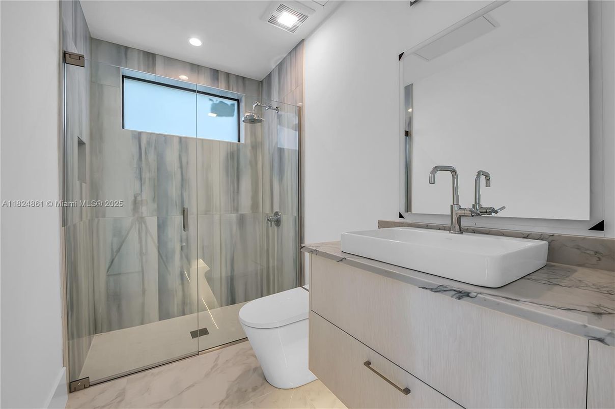 Bathroom, Glass Shower, Interior, Marble, Recessed Lighting