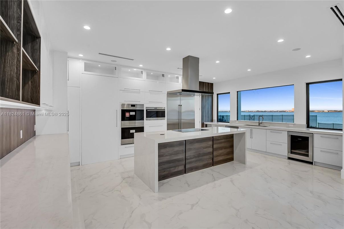 Interior, Kitchen, Marble, Recessed Lighting, Stainless Steel Appliances, Water