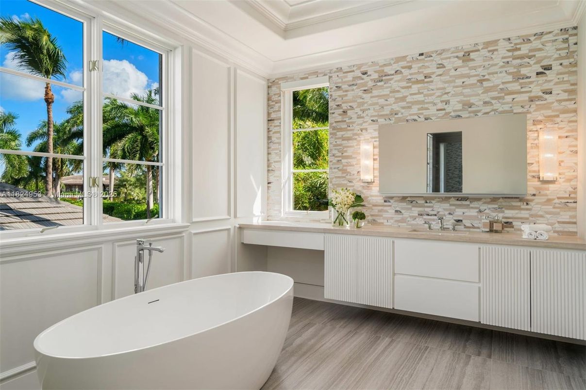 Bathroom, Free Standing Baths, Interior, Stone Walls, Wood Texture Flooring