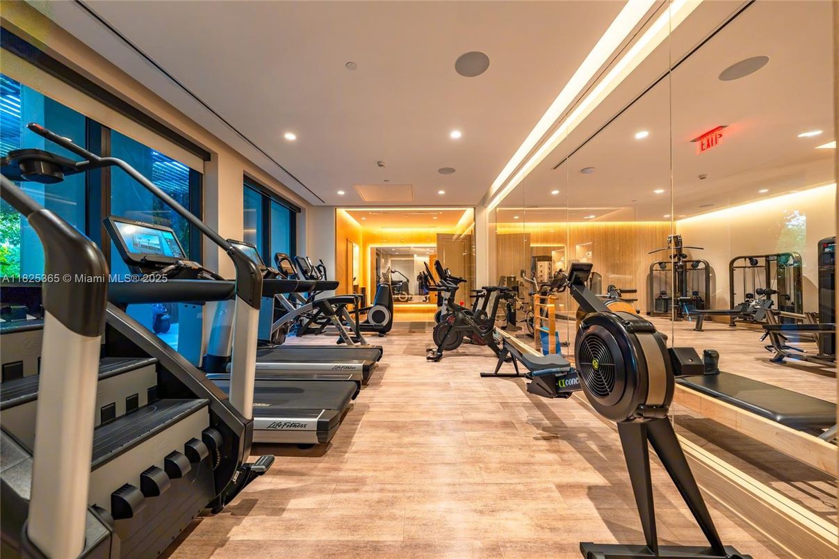 Fitness Equipment, Gym, Interior, Recessed Lighting, Wood Texture Flooring