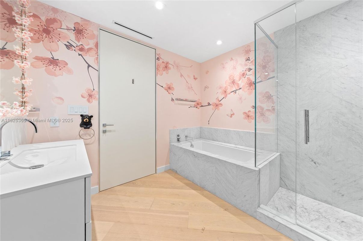 Bathroom, Glass Shower, Interior, Marble Walls, Recessed Lighting, Wood Texture Flooring