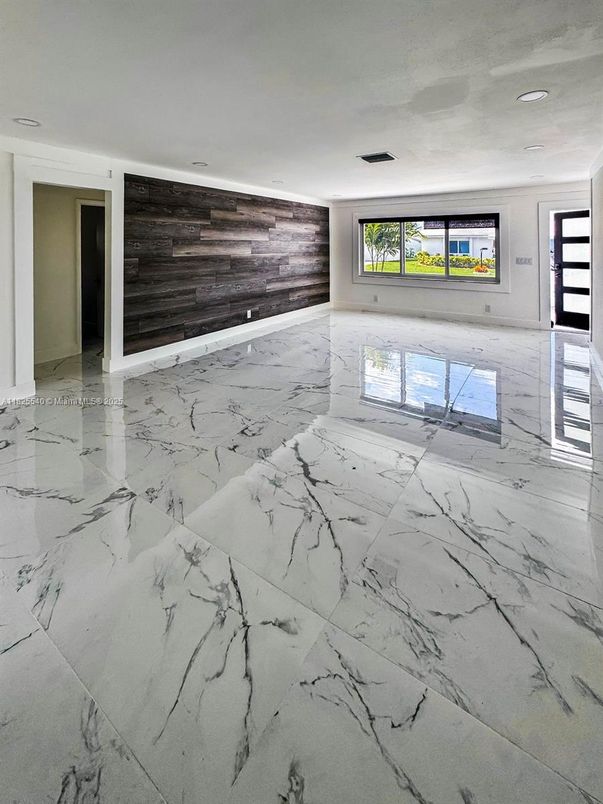 Empty room, Interior, Marble, Recessed Lighting, Wooden Walls