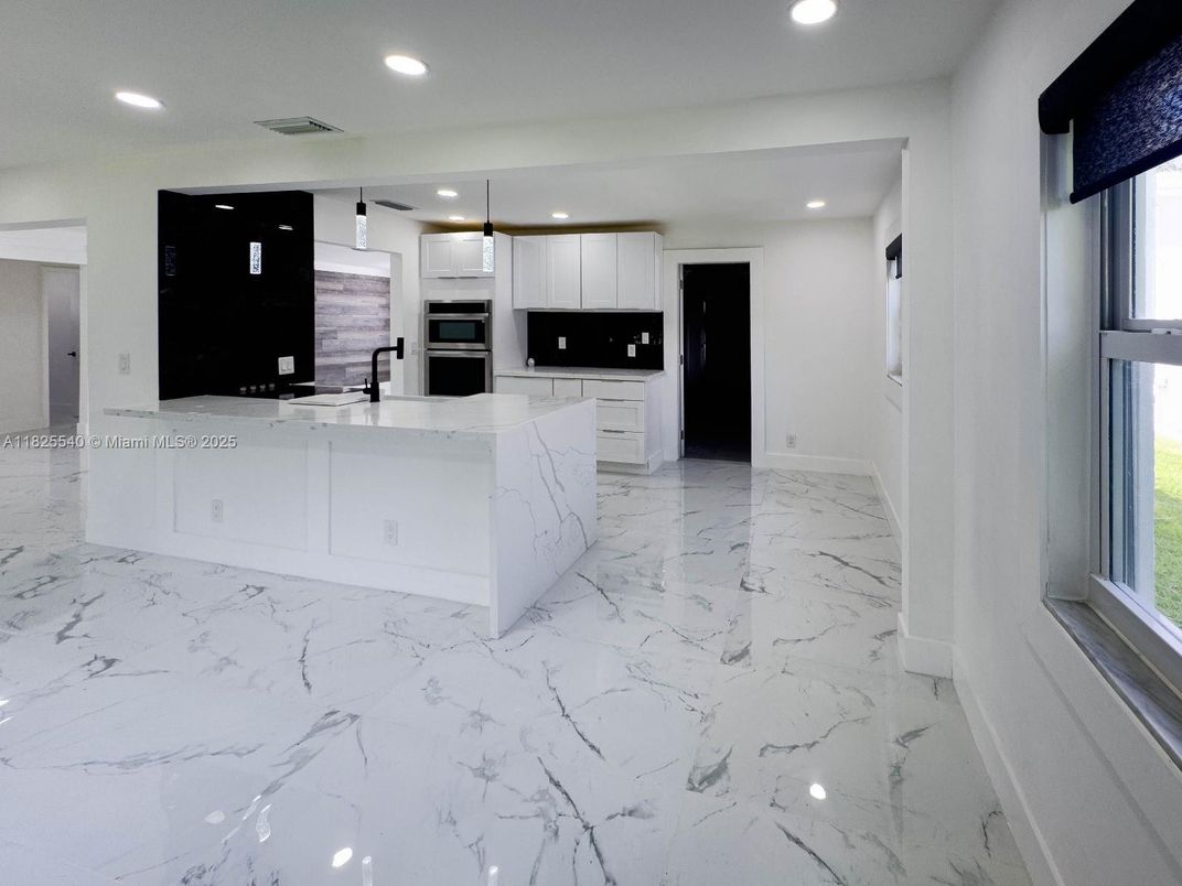 Interior, Kitchen, Marble, Pendant Lights, Recessed Lighting, Stainless Steel Appliances