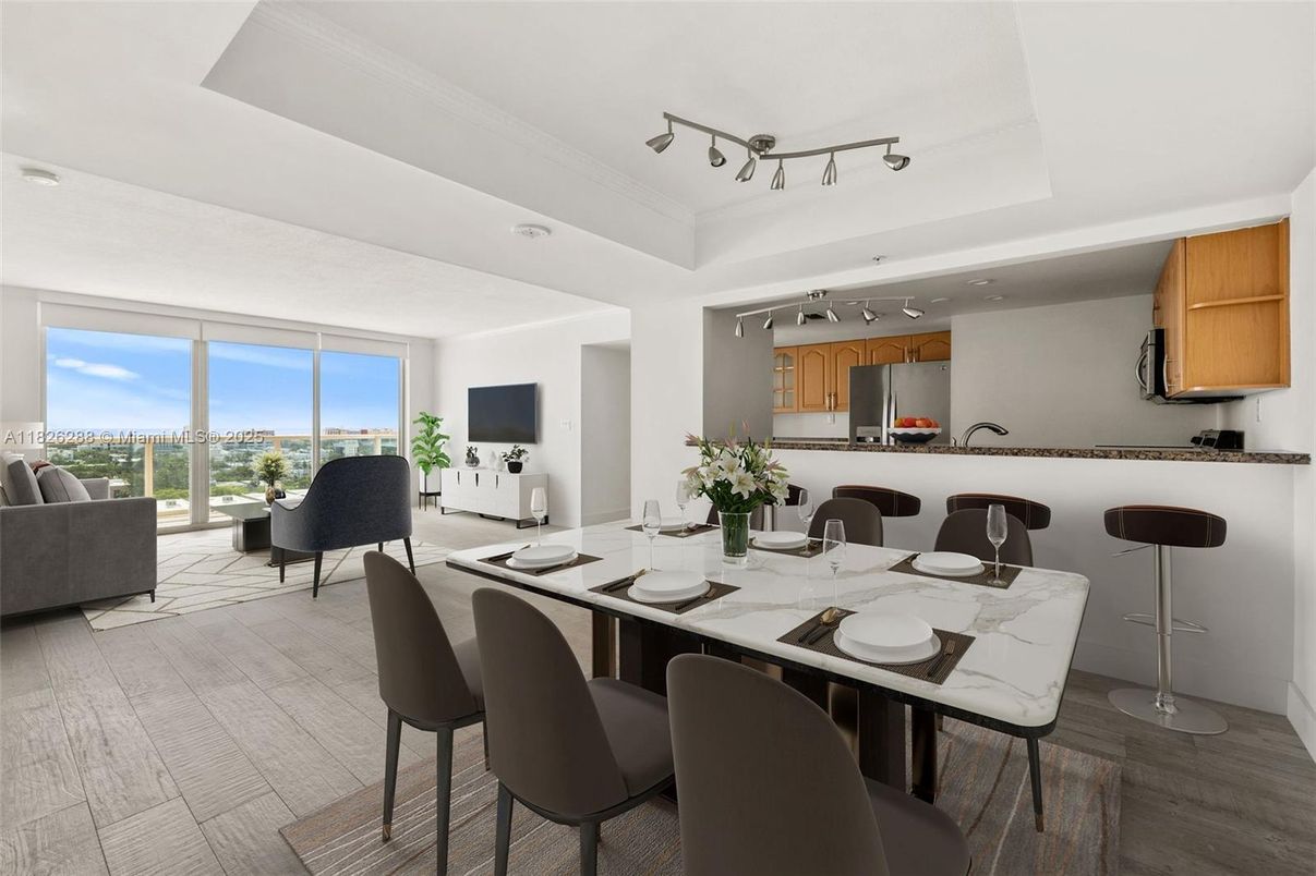Dining room, Interior, Kitchen, Living room, Recessed Lighting, Stainless Steel Appliances, Wood Texture Flooring