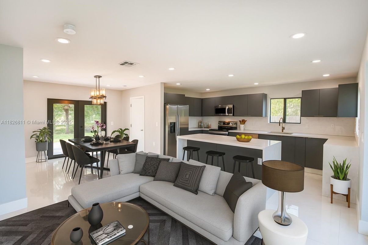 Chandelier, Dining room, Interior, Kitchen, Living room, Recessed Lighting, Stainless Steel Appliances