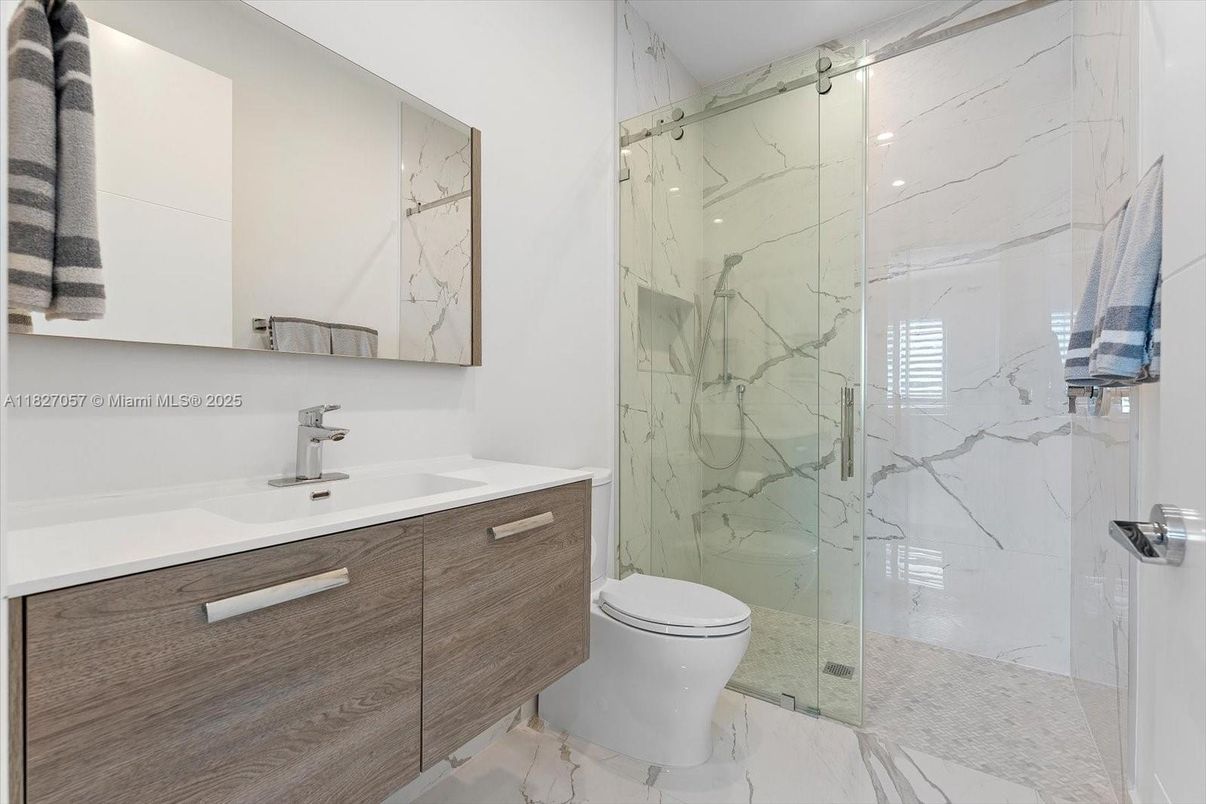 Bathroom, Glass Shower, Interior, Marble, Marble Walls, Recessed Lighting