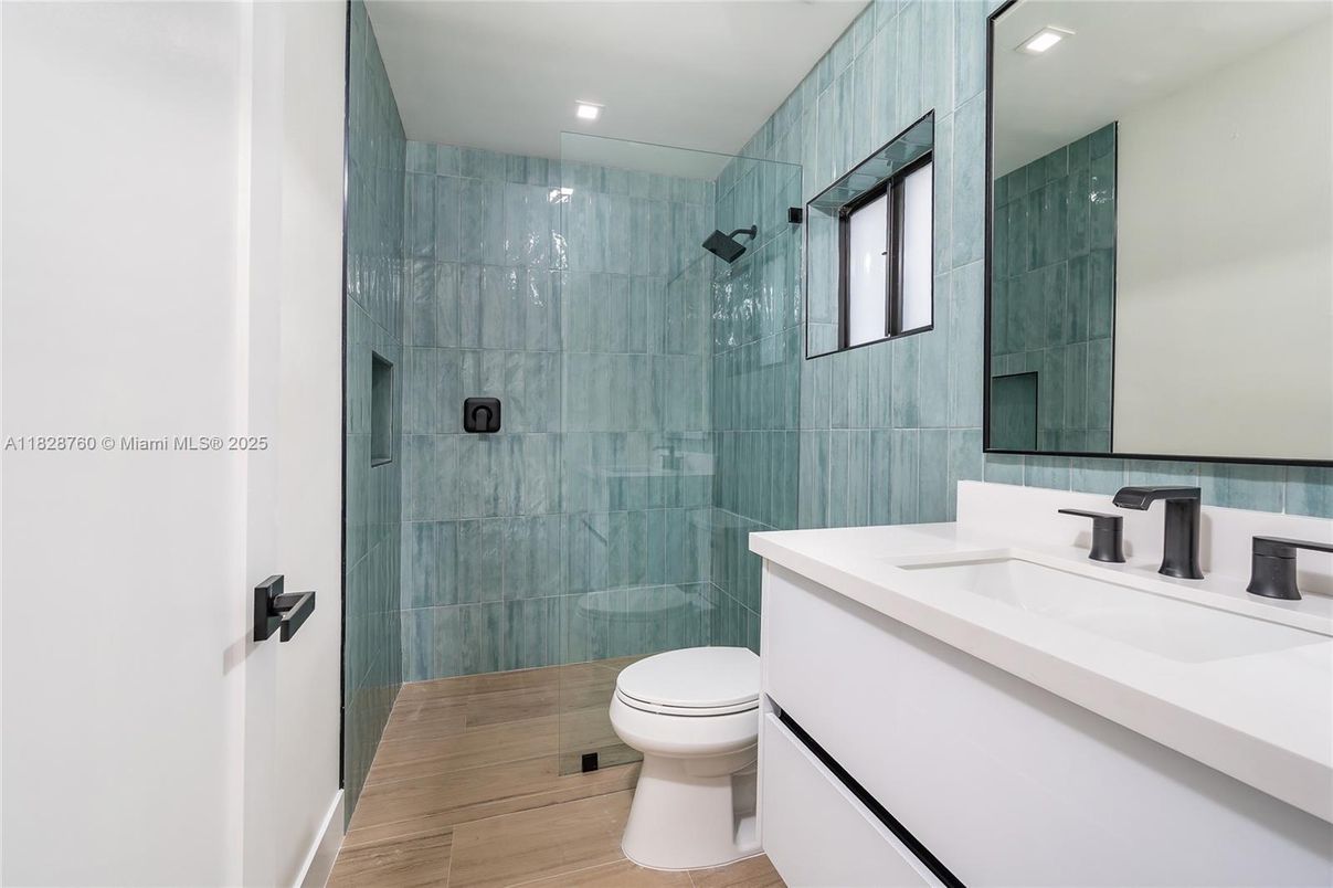 Bathroom, Glass Shower, Interior, Recessed Lighting, Wood Texture Flooring